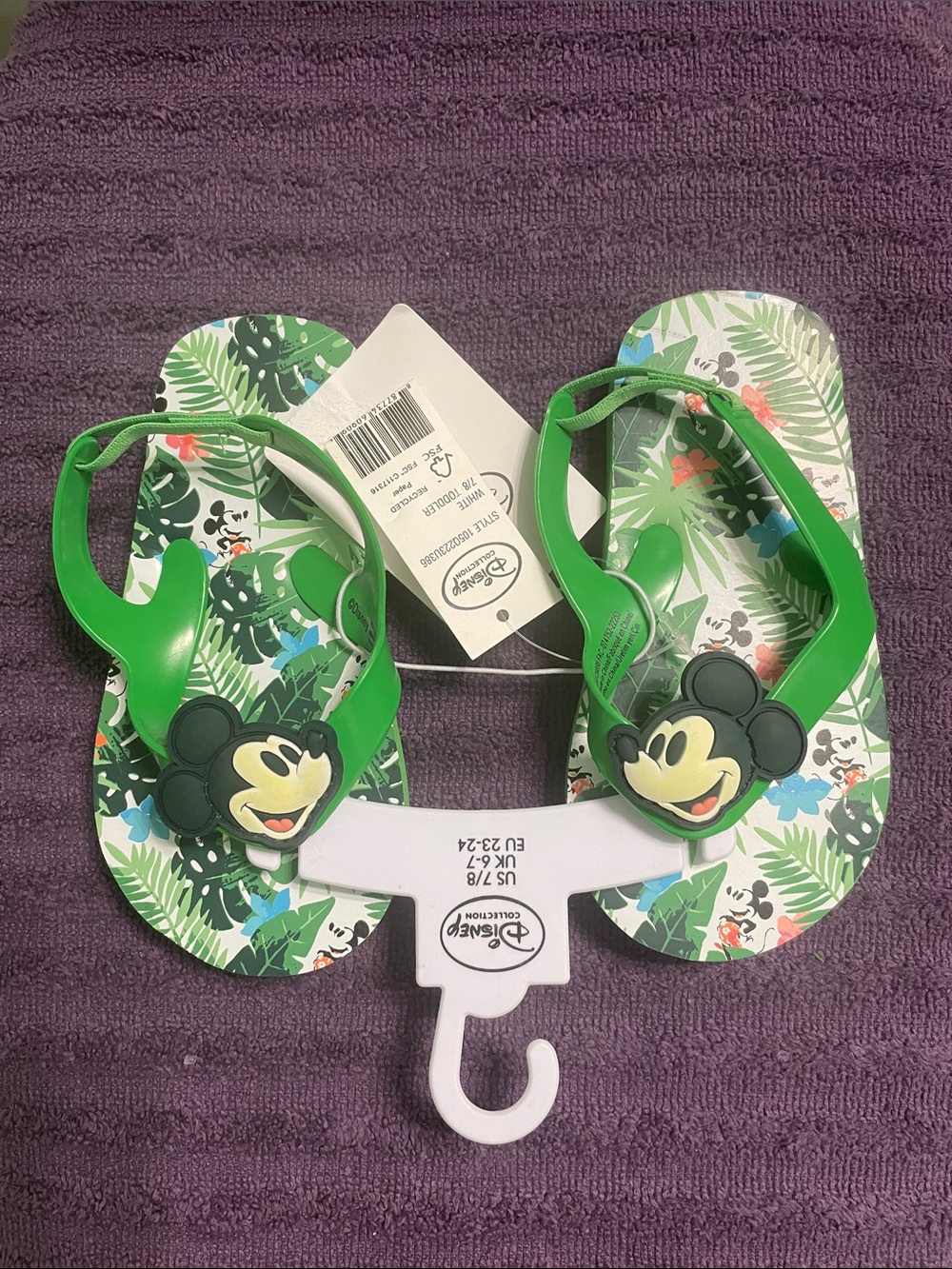 Disney Green and White Mickey Mouse Tropical Print Kids Flip-Flops